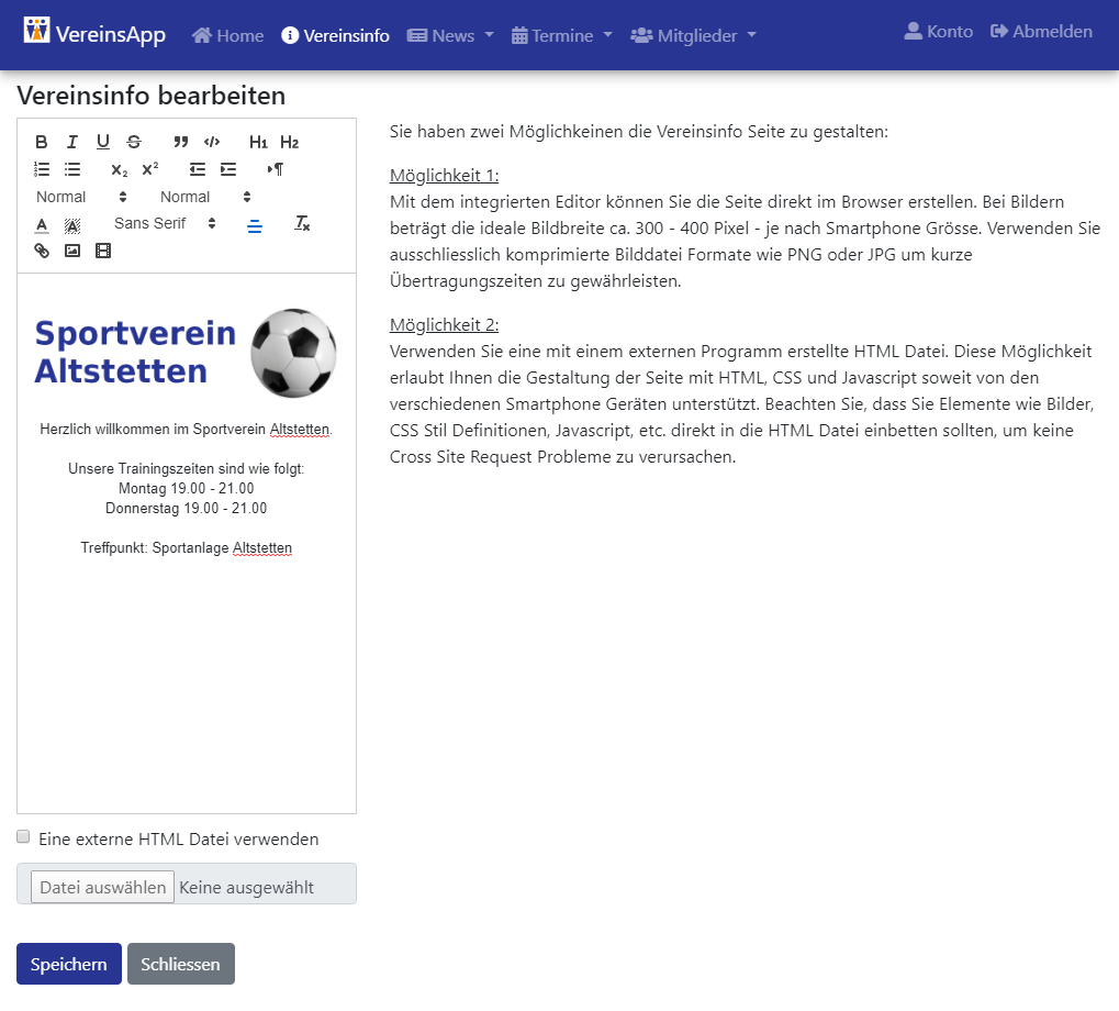 Vereinsinformationen Text Editor mit Formatierungsfunktionen und der Möglichkeit Medien Dateien einzubinden.