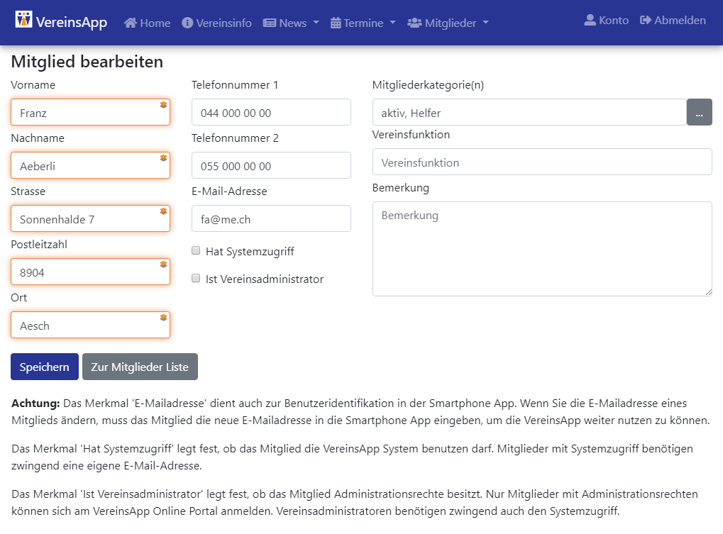 VereinsApp Online Portal Mitglied bearbeiten Ansicht mit Eingabefelder für Vorname, Nachname, Strasse, Postleitzahl, Ort, Telefonnummern, E-Mail Adresse, Mitgliederkategorien, Vereinsfunktion und Bemerkung.