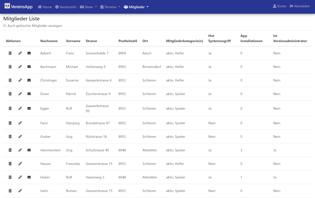 VereinsApp Online Portal Mitglieder Liste mit Funktionen zum erfassen, bearbeiten und löschen von Mitgliedern